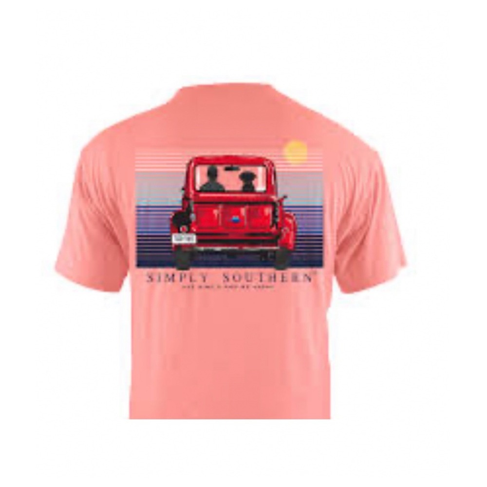 NWT Simply Southern Outfitters Coral Pink Graphic T Red Truck Dog Sunset Womens